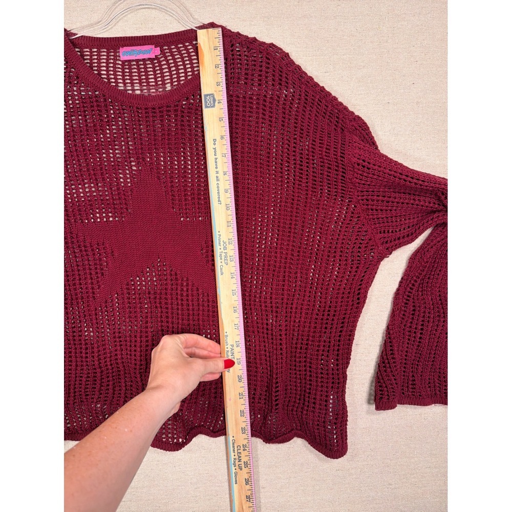 Edikted Burgundy Red Star Open Knit Mesh Cotton Sweater Large Relaxed Boho - Picture 4 of 6